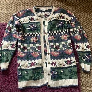 Vintage Hand Knit Floral Cardigan Sweater